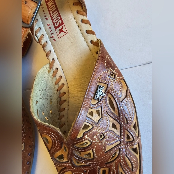 Pikolinos Women's Brown Tan Leather Sling Back Shoes Laser Cut Out SZ 40 9 -9.5 - Picture 5 of 15